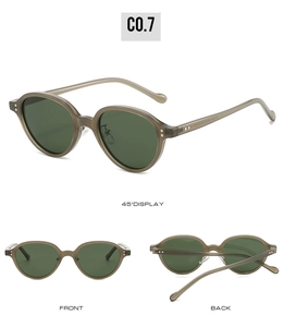 Detailed front and back views of oval sunglasses with translucent grey frames and rivets