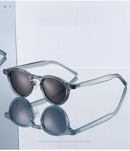 Detail view of TR90 polarized sunglasses with retro round frame and silver rivet accents