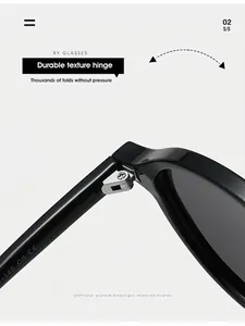 Macro view of durable metal hinge and CE certification mark on black eyewear temples