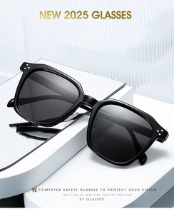 Macro detail of black square TR90 polarized sunglasses with silver triple dot rivets