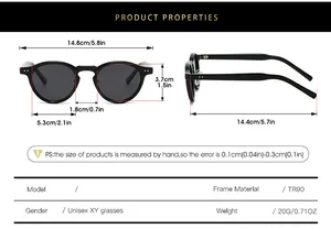 Detailed size chart for TR90 polarized sunglasses showing dimensions in cm and inches