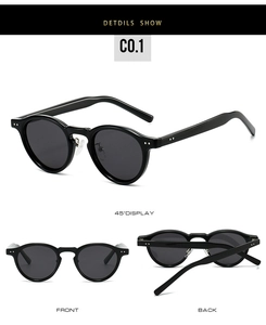 Detailed views of vintage TR90 polarized sunglasses with round black frames and rivet accents