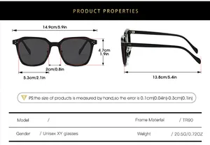 Detailed size chart for TR90 polarized sunglasses showing dimensions and product weight