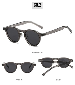 Three-angle product display of retro TR90 polarized sunglasses in transparent grey