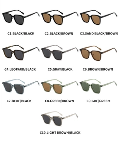 Detailed grid showing ten color options for vintage TR90 polarized square sunglasses