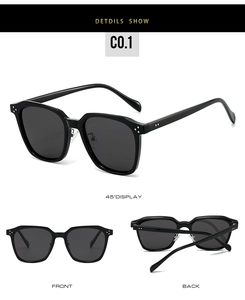 Three-view layout of retro TR90 polarized sunglasses showing front, back, and 45-degree angle