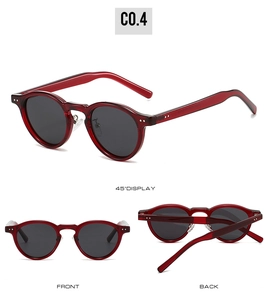 Three views of red translucent TR90 round polarized sunglasses with silver metal rivets
