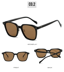 TR90 polarized retro sunglasses showing 45-degree, front, and back views in black