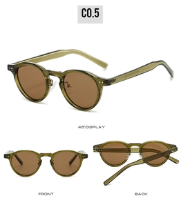 Multi-angle view of vintage TR90 olive green round sunglasses with polarized lenses