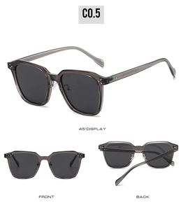Three-angle view of grey translucent TR90 polarized sunglasses with metal hinges