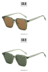 Macro display of TR90 polarized sunglasses in transparent green frame with varied lenses