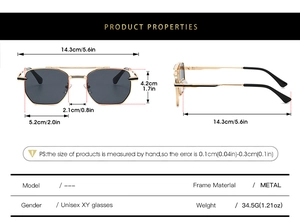 Detailed measurement guide and technical specifications for square metal pilot sunglasses