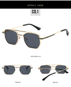 Detail shots of retro square metal sunglasses with double bridge and dark hexagonal lenses