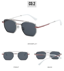 Detail views of silver polygon metal sunglasses with dual bridge and red stripe accents