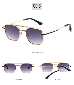 Multiple views of square metal sunglasses with double bridge and purple gradient lenses