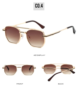 Three-angle views of square metal aviator sunglasses with gold frames and gradient lenses