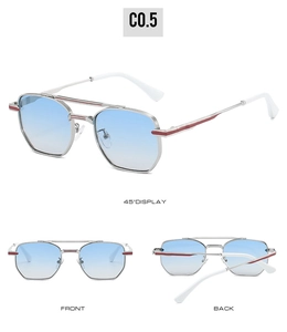 Three views of square metal aviator sunglasses with gradient blue lenses and red stripes