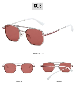 Three-way view of square metal aviator sunglasses with silver frames and red lenses
