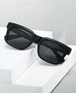 Detail of square black glossy frames with arrow geometric texture on the temples