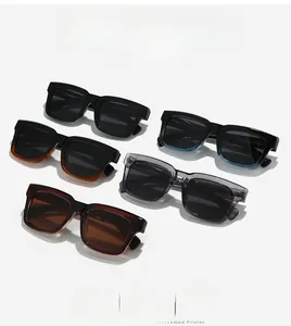 Detail view of square polarized sunglasses frame in five colors with thick acetate finish