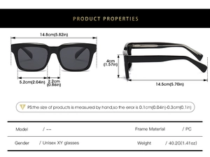 Detailed size specifications of black square frame polarized sunglasses with PC material
