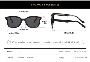 Detailed size chart for retro polarized sunglasses showing dimensions in cm and inches