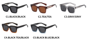 Detailed grid view of square polarized sunglasses in five colors including black and tea