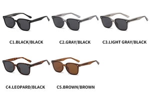 Detailed grid of retro square sunglasses in black, gray, leopard, and brown colors