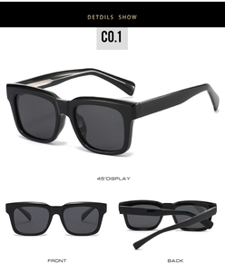 Three-angle detail of black square polarized sunglasses with glossy acetate wide frames