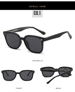 Detail showing classic black square frame polarized sunglasses with silver metal hinges