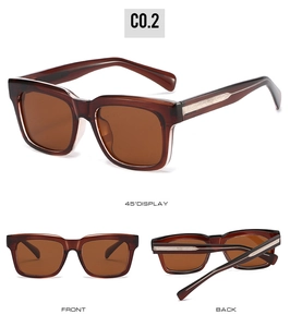 Detail view of square brown acetate sunglasses with silver geometric temple accents