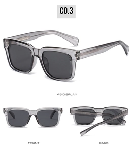 Detailed three-view shots of square translucent grey sunglasses with reinforced metal core