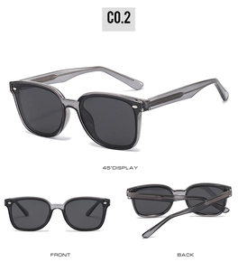 Detail view of retro square sunglasses with gray frames and metal temple textures