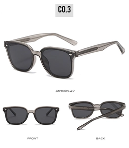 Three-way view of polarized sunglasses with smoke grey frames and metal rivet accents