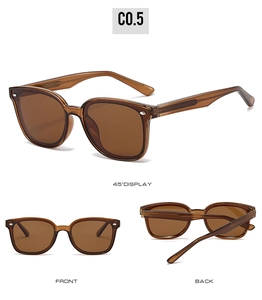 Three-angle views of retro polarized sunglasses with brown frames and rice-shaped rivets