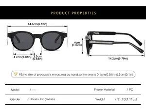 Detailed dimension chart showing frame width and lens size for round polarized sunglasses
