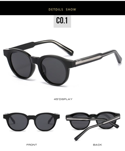 Three views of retro round black sunglasses with metallic textured temple detailing