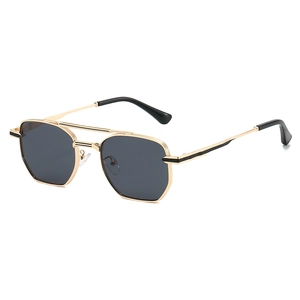 Modern square metal aviator sunglasses with double bridge and hexagonal dark lenses