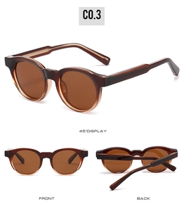 Three views of translucent brown retro round sunglasses with polarized lenses and thick temples