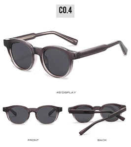 Detailed multi-angle views of retro round sunglasses with translucent purple frames
