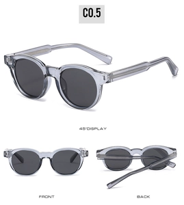 Macro view of translucent grey round sunglasses with reinforced metal core temple