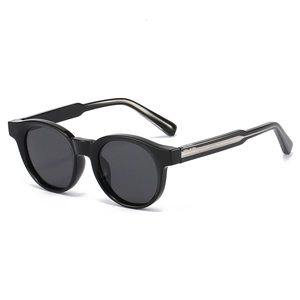 Classic round black sunglasses with premium frame and silver metallic temple details