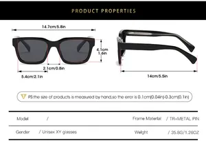 Size chart for square polarized sunglasses with precise frame and lens measurements