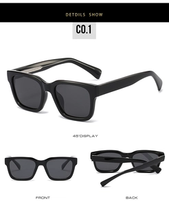 Detail view of square polarized sunglasses showing frame structure and temples from multi-angles