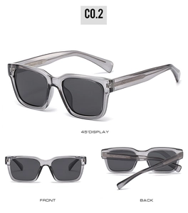 Detailed multi-angle views of square polarized sunglasses with transparent grey frames