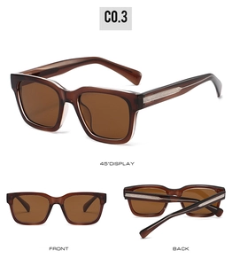 Square polarized sunglasses with translucent brown frames and silver arrow metal accents