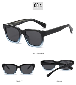 Three-angle view of square polarized sunglasses with black to blue gradient frame