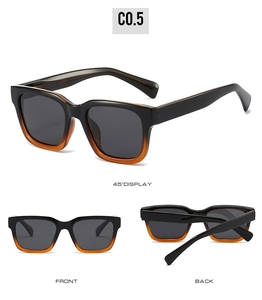 Detailed views of square polarized sunglasses in black and amber with multiple angles