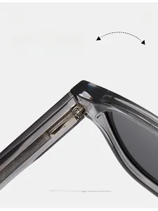 Macro view of durable spring hinge on square polarized sunglasses with textured grey frame