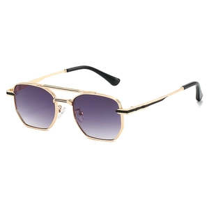 Modern square gold metal sunglasses with purple gradient lenses and double bridge design